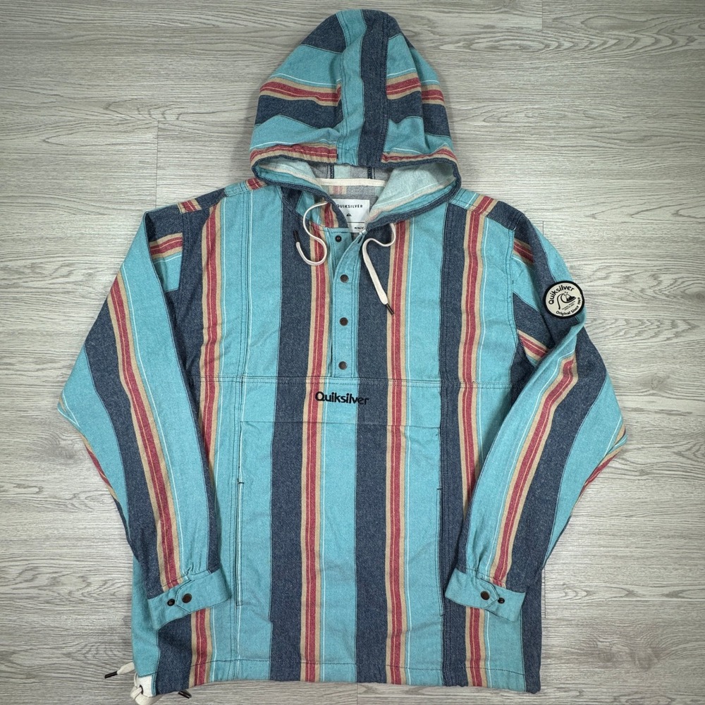 Quiksilver Mens Hoodie Pullover Baja Stripe Blue Medium Kangaroo Pocket